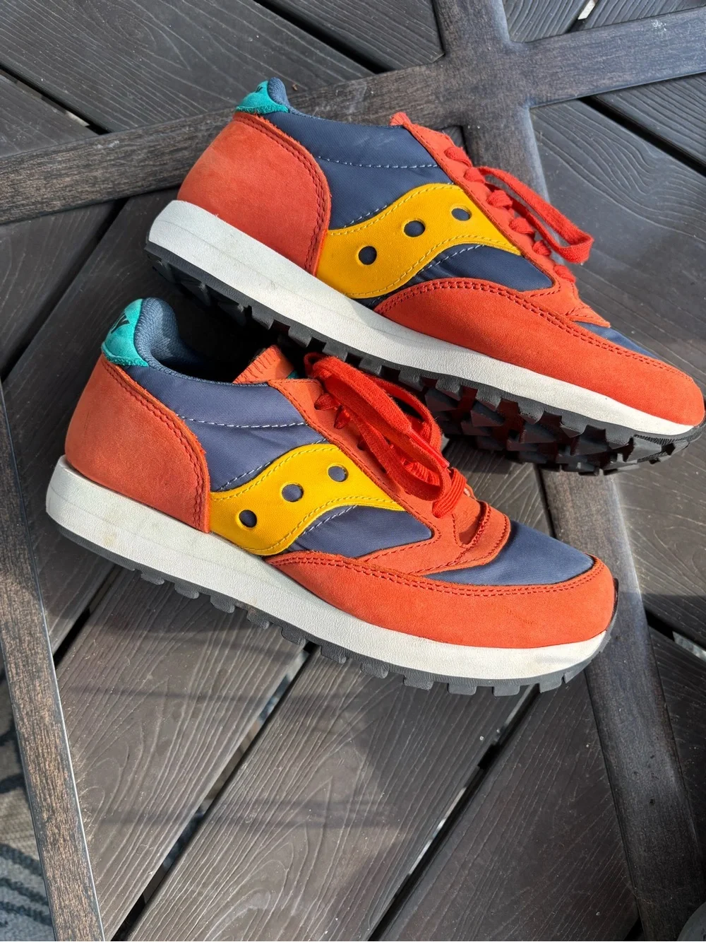 Saucony Color-Block Lace-Up Sneakers in Orange, Navy & Yellow Men Sz 5.5